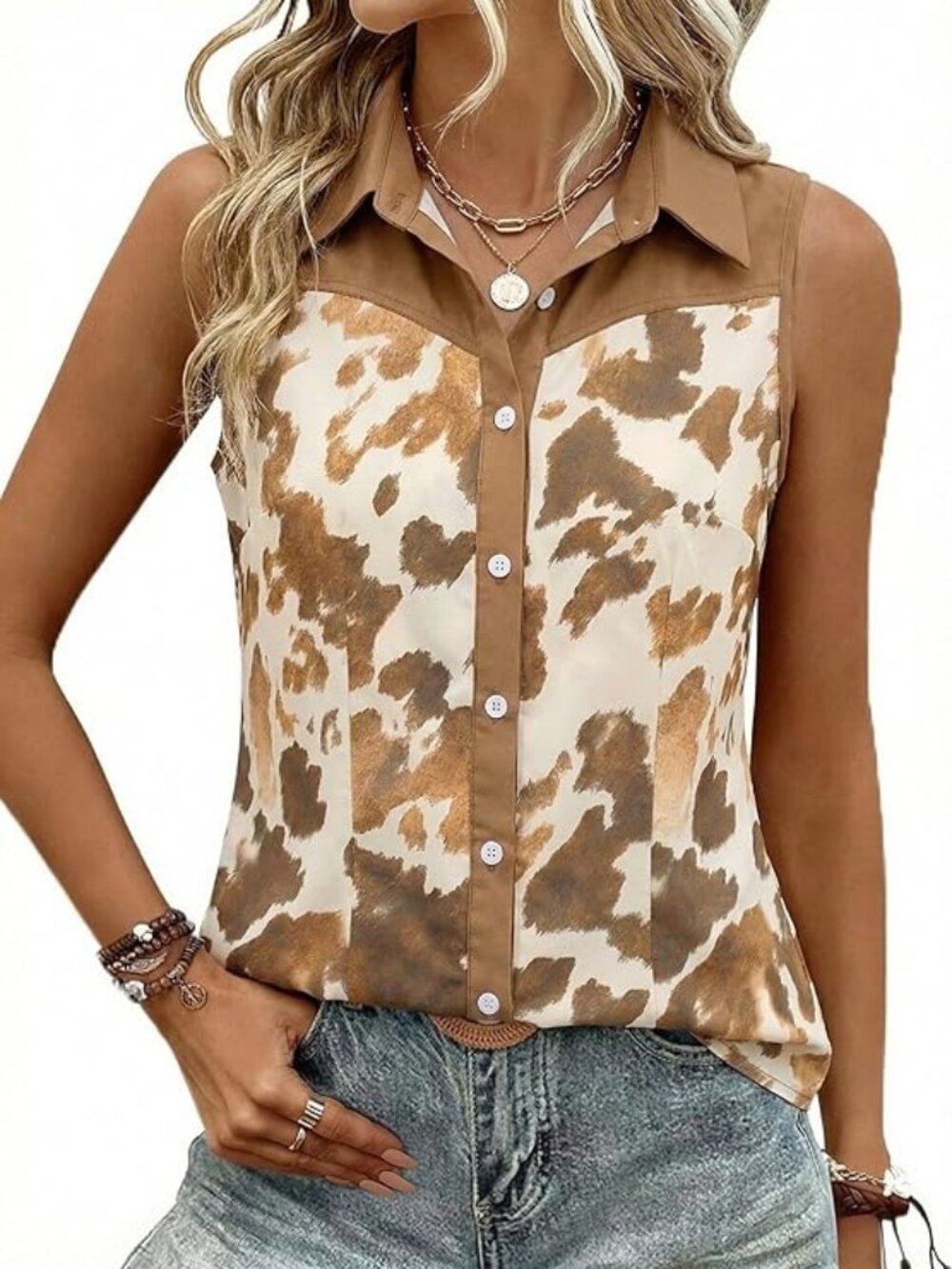 New - Western Sleeveless Button Down Shirts Women Retro Cowgirl Tank Cowboy